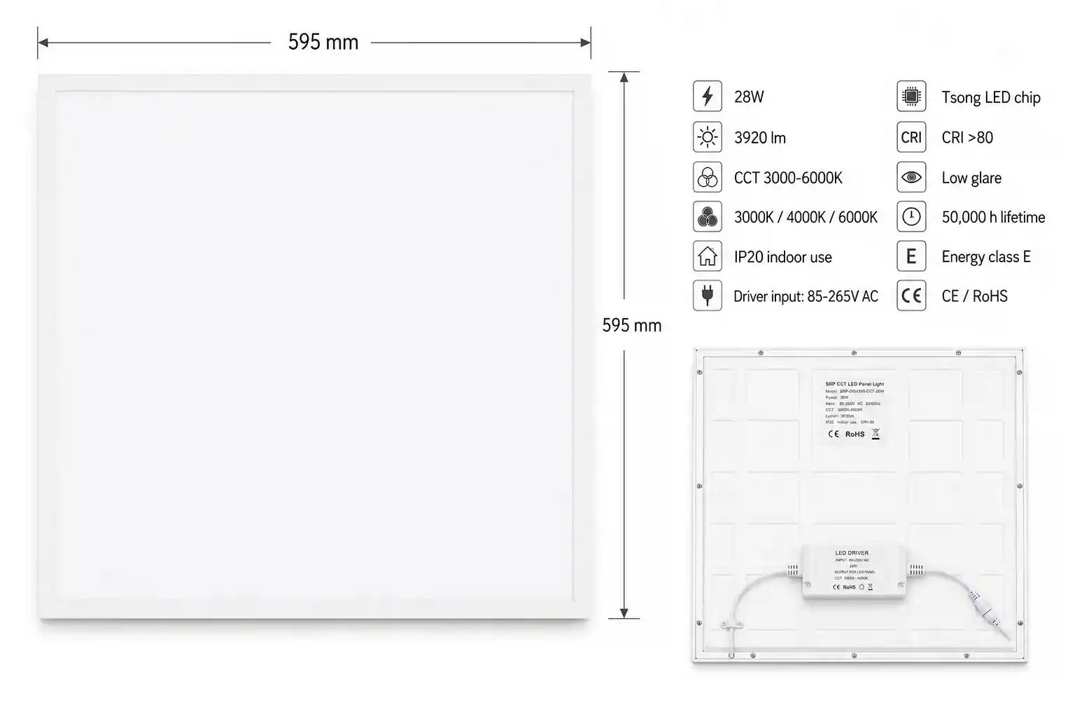 Certifikace LED panelu SRP 28W 60x60cm bílý rám — IP20, energetická třída E, CE, RoHS